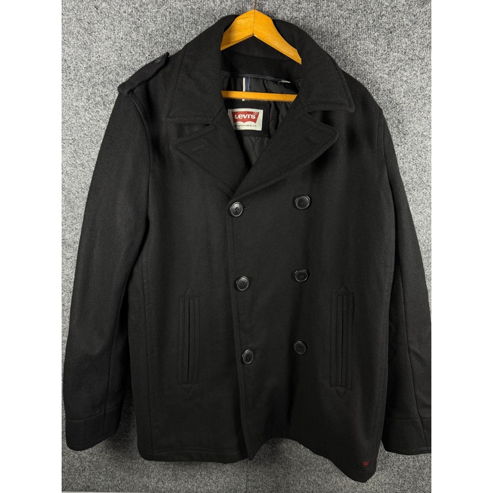 Levis Mens Black Wool Blend Double Breasted Pea Coat Jacket Size S Small